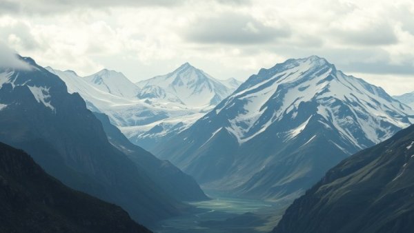 Dramatic mountain range with snow-capped peaks.