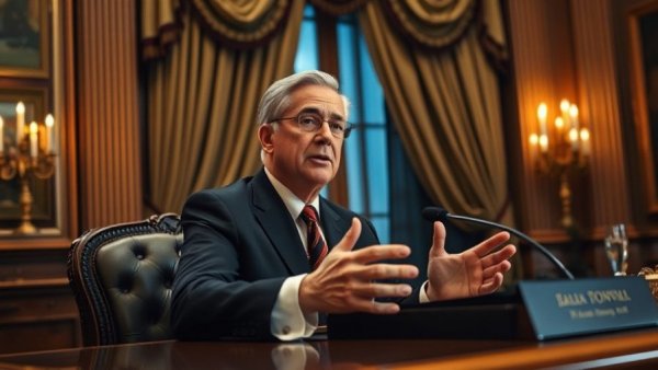 Political figure gesturing at desk in opulent setting amid investment concerns.
