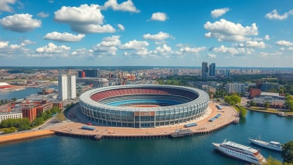 Aerial view of New England Revolution stadium project in urban waterfront area.