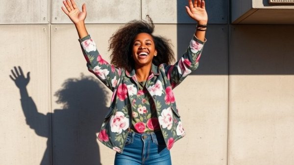 Self-affirmations boost workplace wellness: joyful woman outdoors.