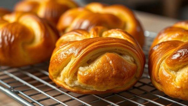 Golden, flaky Kouign-Amann pastries on a cooling rack in Dallas.