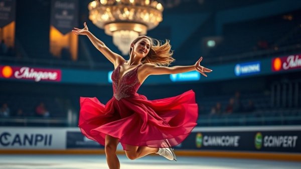 Skater gliding on ice rink in competition.