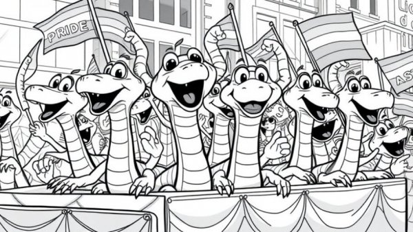 Gay Snakes comic series illustration of snakes celebrating Pride Parade.