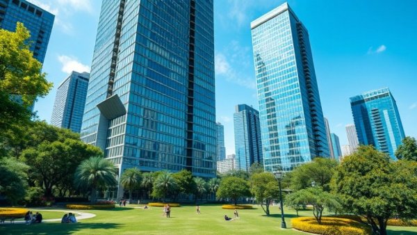 Modern skyscrapers around a park in Potomac Overlook development.