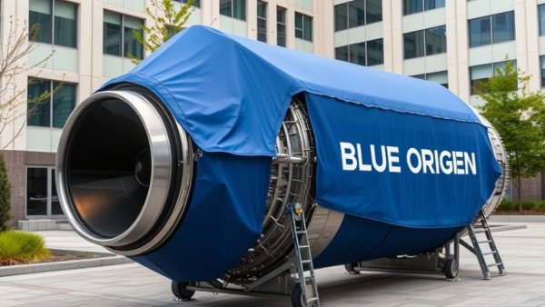 Blue Origin rocket engine displayed outdoors at hearing location.