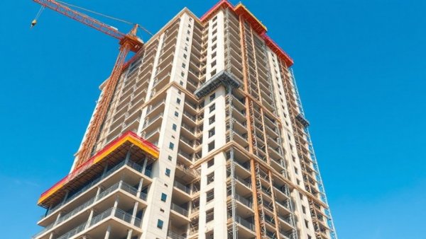 Commercial building construction with cranes and blue sky.