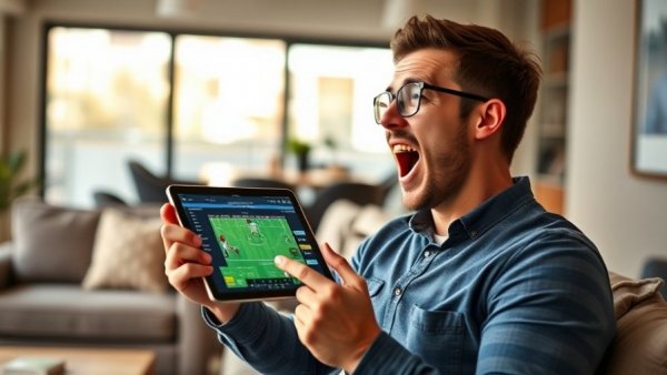 Man enjoying live sports betting on tablet in modern living room.