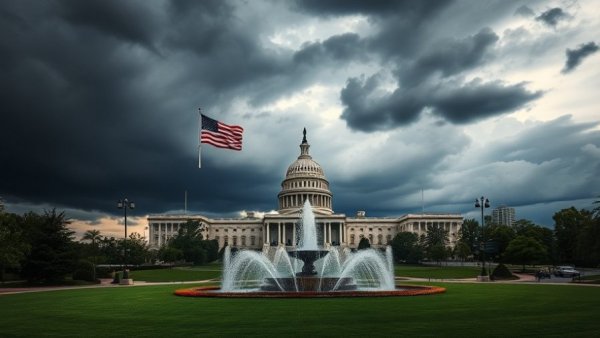Dramatic sky over iconic government building with vibrant flag.