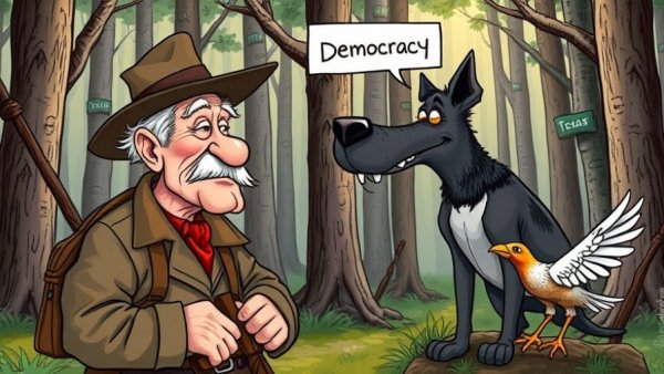 Texas politics cartoon with caricature hunter and dog labeled 'Supreme Court'.