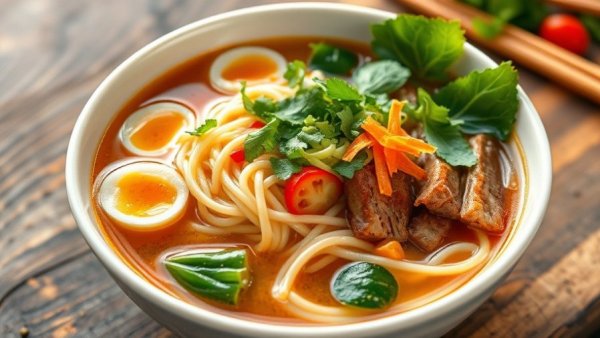 Soba noodle soup with vegetables in a white bowl on a wooden board.