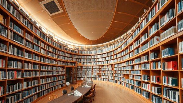 Curved library shelves filled with colorful books, Jennifer Mathieu adult fiction.