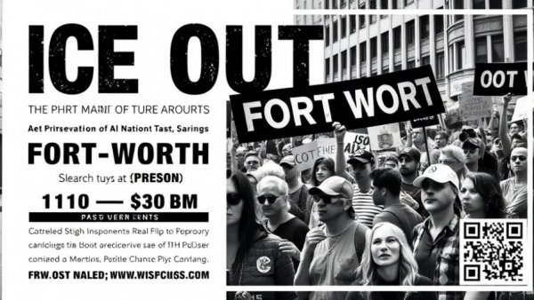 Anti-ICE protest flyer in Fort Worth, bold text and event details.