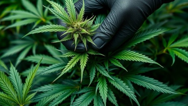 Gloved worker trimming cannabis plant, highlighting cannabis worker protection.