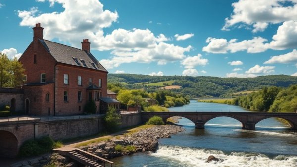 TXU plant historic preservation near river with bridge and clear sky.
