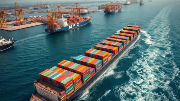 Aerial view of cargo ships in busy port, highlighting global supply chains.