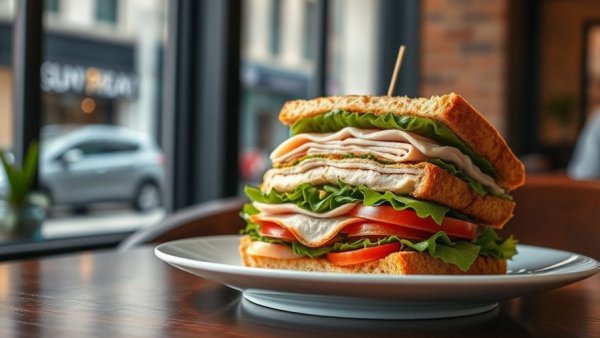 Sandwich at Trades Delicatessen in Bishop Arts with turkey, lettuce, and tomato.