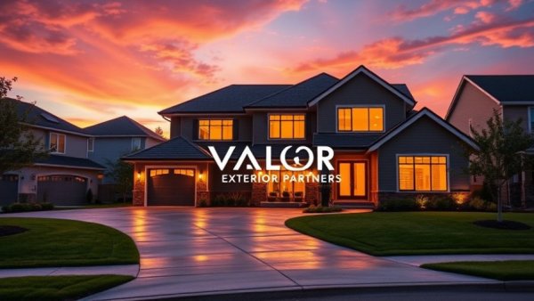 Modern suburban house with Valor logo at sunset.