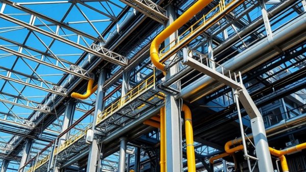 AI in Architecture and Engineering: Steel framework and pipes against blue sky.