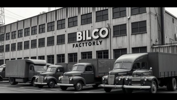 Historic Bilco factory scene from mid-20th century with vintage trucks. BILCO 100th Anniversary.