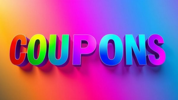 Colorful 'COUPONS' text on vibrant gradient background.