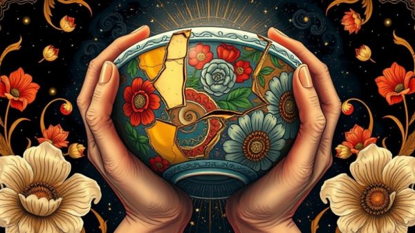 Illustrative art of hands holding a repaired bowl, symbolize transforming trauma into strength.