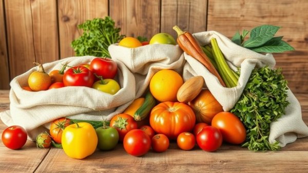 Fruits and greens in cloth bags on a wooden table, symbolizing food security issues in Dallas Fort Worth.