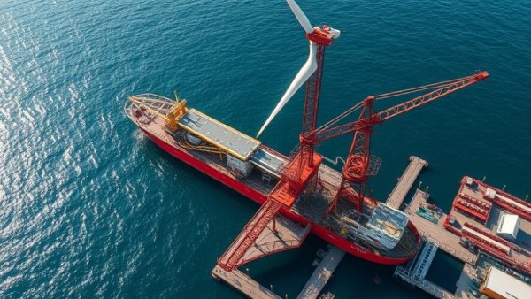 Aerial view of Dominion Energy offshore wind project in a busy harbor.