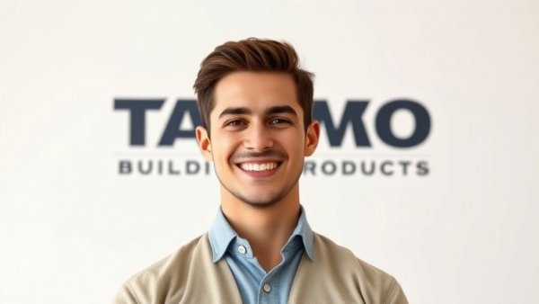 Confident young man smiling alongside TAMKO logo