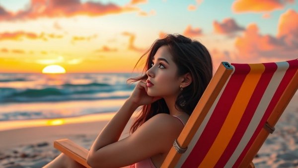Woman experiencing sadness while on vacation, gazing at beach sunset.