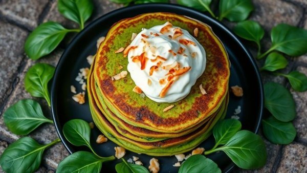 Glow-Up Green Pancakes with whipped cream and roasted coconut on a dark plate with spinach.