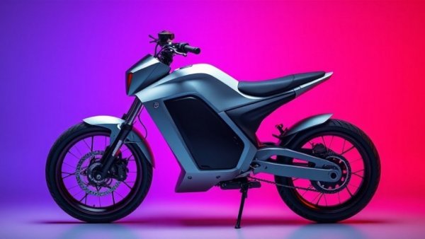 Futuristic electric bike design with colorful gradient backdrop.