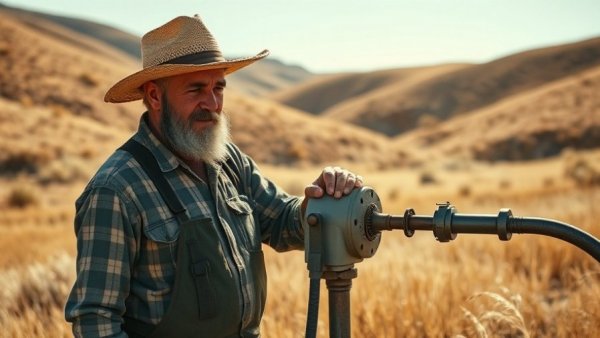 Farmer uses remote water management technology in dry landscape.