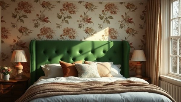 Inviting bedroom with green headboard, floral wallpaper, natural light.