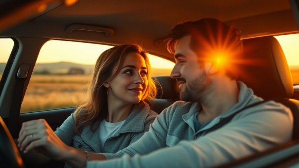 A mother and son share a moment in the car during a sunset.