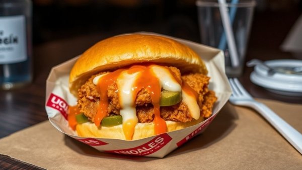 S&J Hot Chick Dallas crispy chicken sandwich with sauce and pickles.