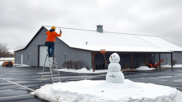 Pole barn roof maintenance with snow guards installation