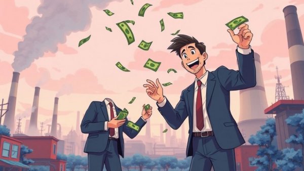 Animated scene of businessmen amidst pollution, reflecting corporate responsibility in harm prevention.