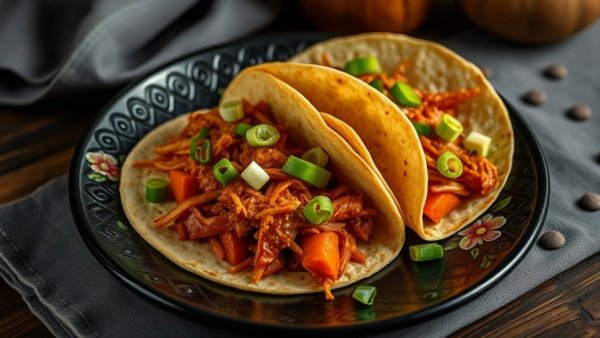 Vibrant kimchi breakfast tacos garnished with green onions.