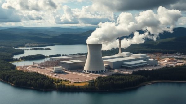 Aerial view of Palisades Nuclear Plant with steam and nature.