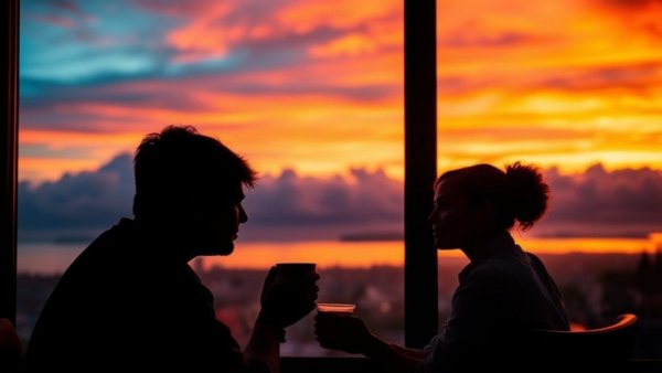 Silhouetted couple sharing coffee at sunset, rediscovering hope in difficult times.