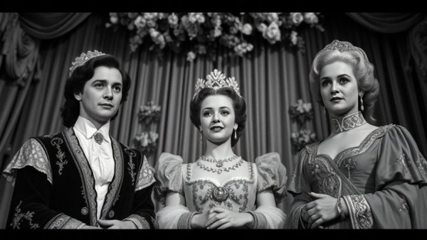 Classic film scene from Some Like It Hot, three characters on stage.