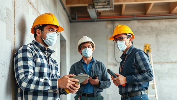 Construction team in hard hats inspecting a building interior for adaptive reuse in Los Angeles.