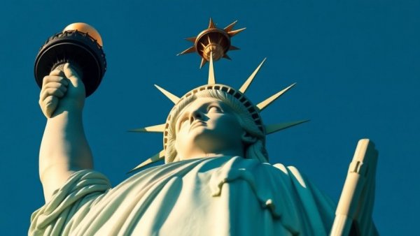 Close-up of Statue of Liberty in New York with blue sky.