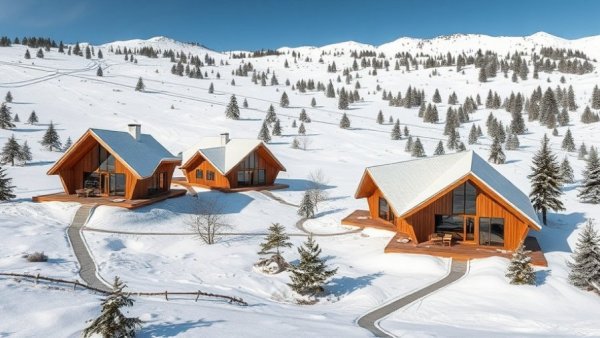 Wooden Pavilion Architecture and Sustainability in snowy landscape.