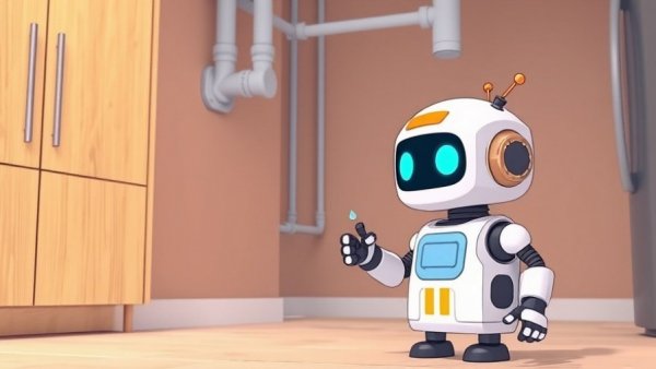Cartoon robot inspecting a home plumbing system.