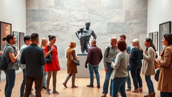 Art gallery setting with group of people interacting and sculpture in the background.