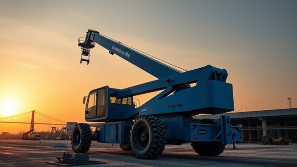 Large blue telescopic boom lift at a construction site for Aerial Equipment Rental Companies.