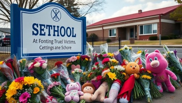 Memorial at Robb Elementary School with flowers and crosses.