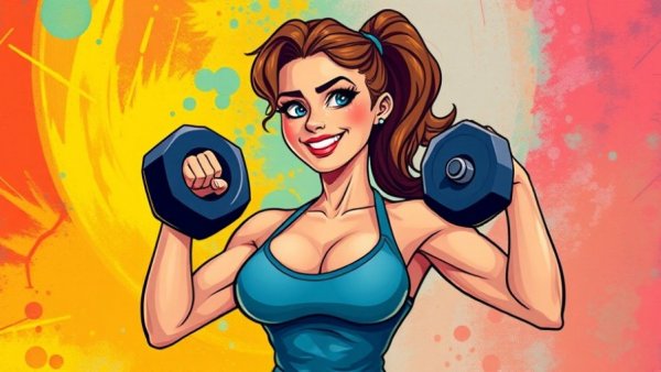 Colorful cartoon of a woman strength training, empowering scene.