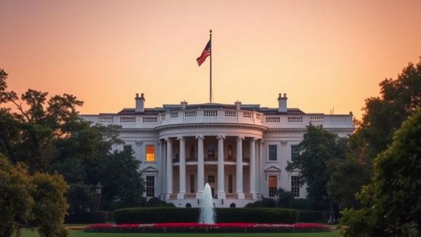 White House at sunset, peaceful scene.